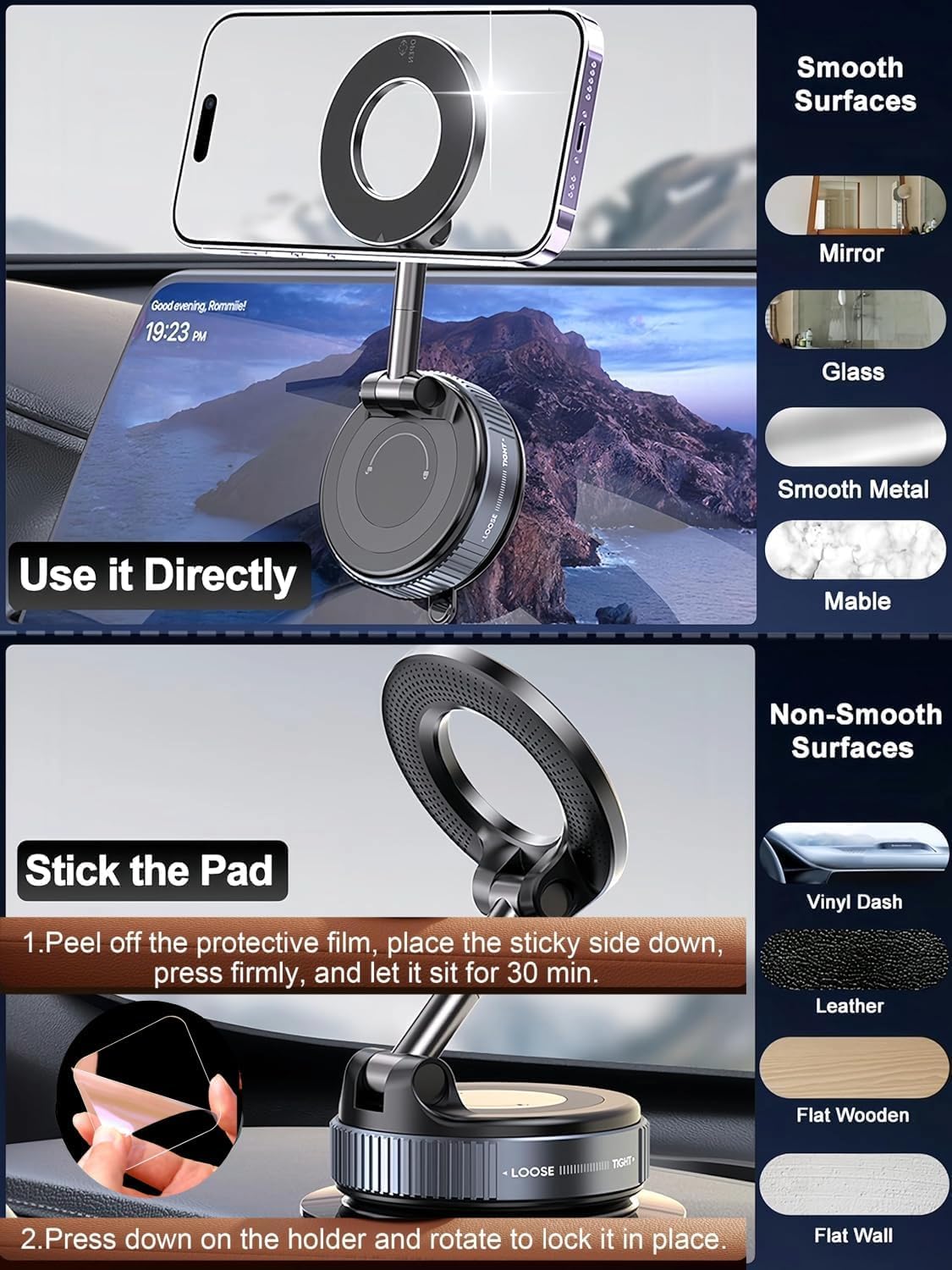 360° Vacuum Suction Magnetic Phone Holder Black 60x60x40mm, Dashboard Phone Holder Magsafe Car Mount, Car Mobile Holder, Mirror & Gym Phone Holder (6 Months Warranty)