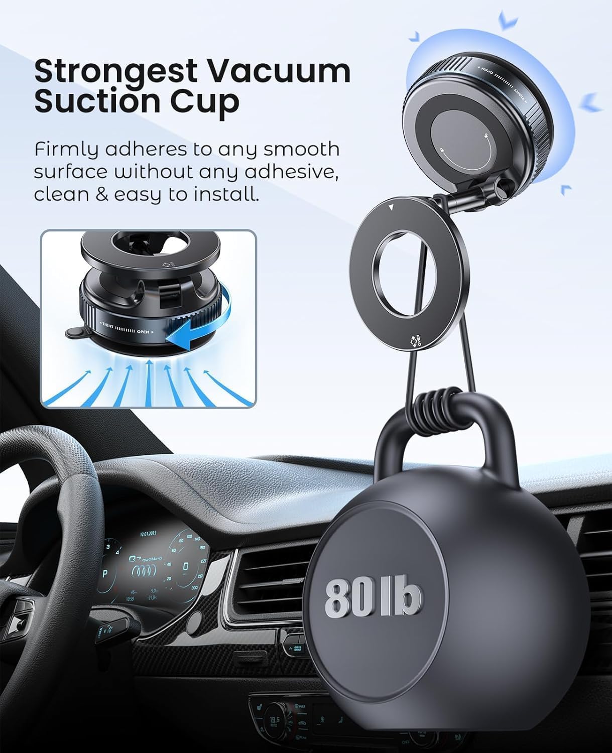 360° Vacuum Suction Magnetic Phone Holder Black 60x60x40mm, Dashboard Phone Holder Magsafe Car Mount, Car Mobile Holder, Mirror & Gym Phone Holder (6 Months Warranty)