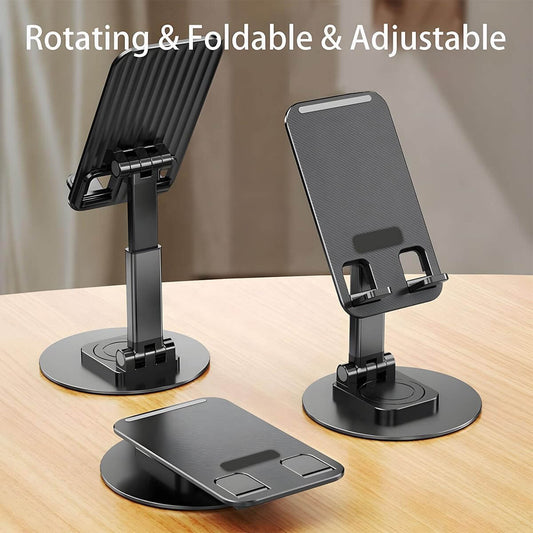 360 Adjustable Foldable Phone & Tablet Stand Black displayed in adjustable positions on a table.
