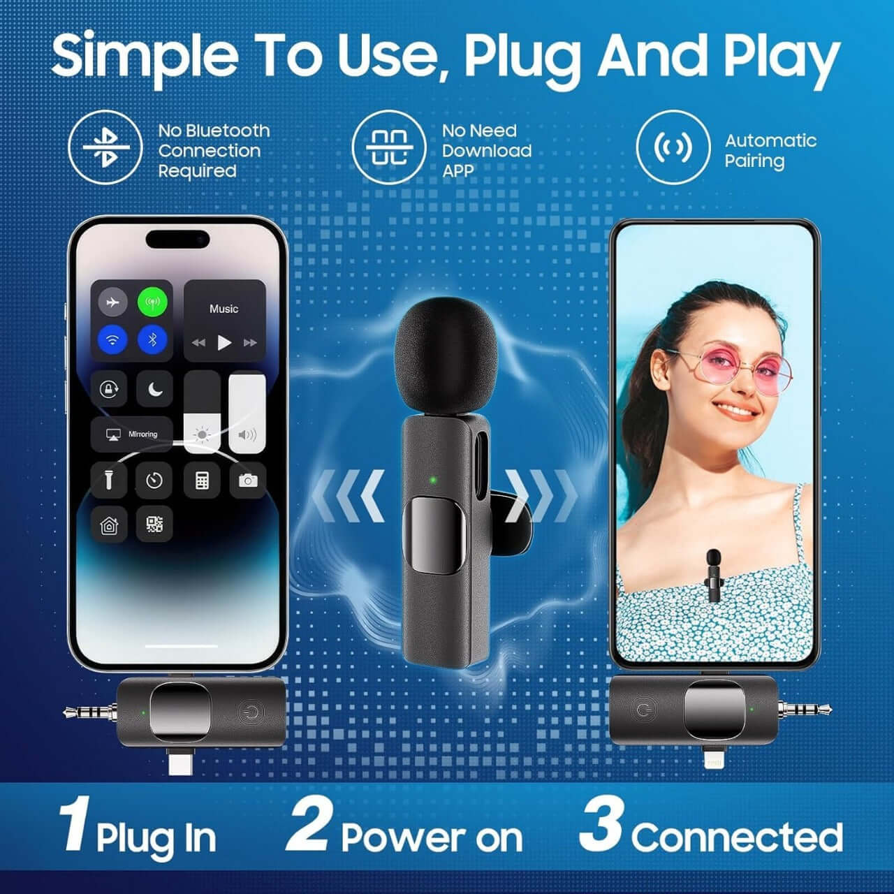 3 in 1 Wireless Lavalier Microphone Plug and Play