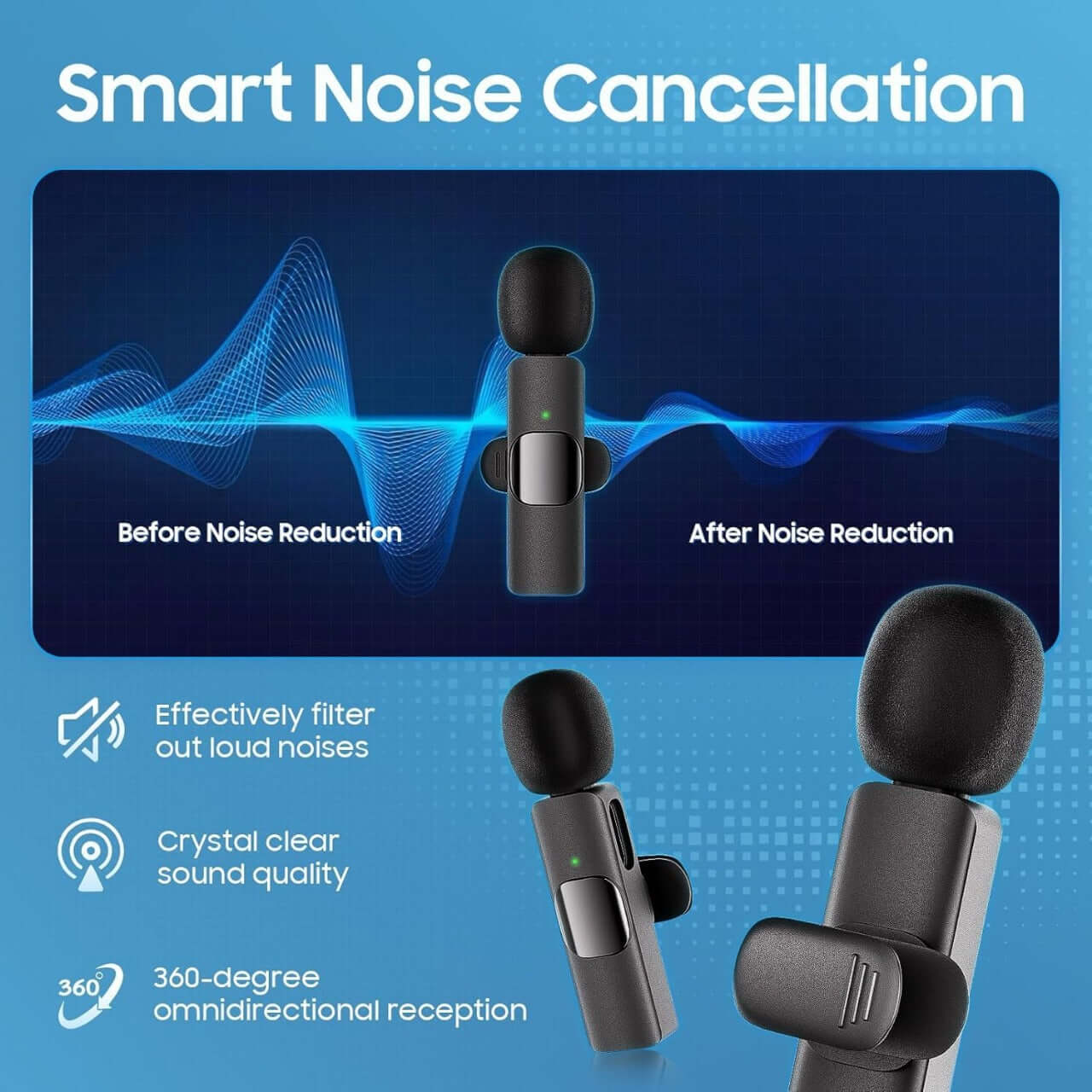 3 in 1 Wireless Lavalier Microphone Intelligent Noise Reduction