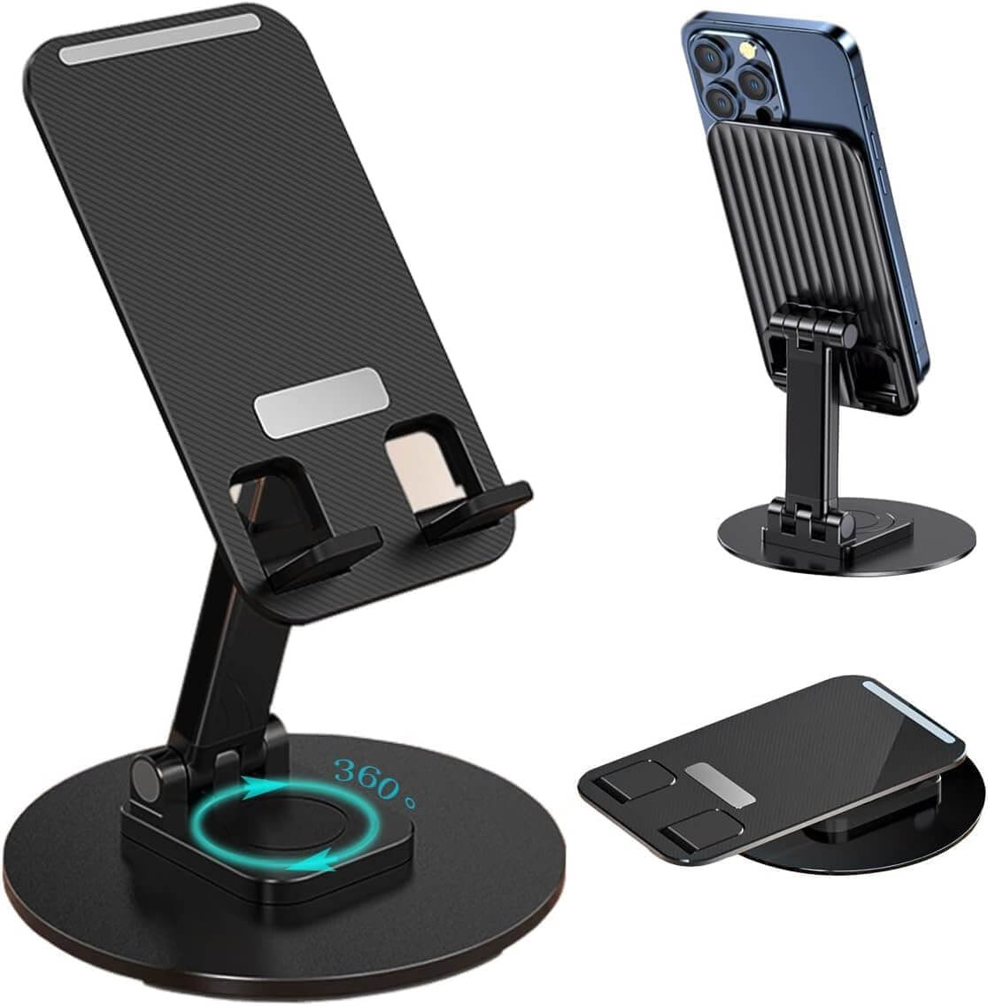 360 Adjustable Foldable Phone & Tablet Stand Black shown in various angles and settings for ergonomic use.