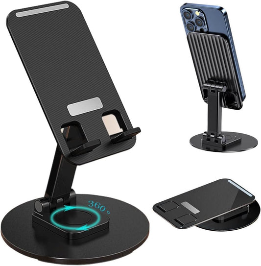360 Adjustable Foldable Phone & Tablet Stand Black shown in various angles and settings for ergonomic use.