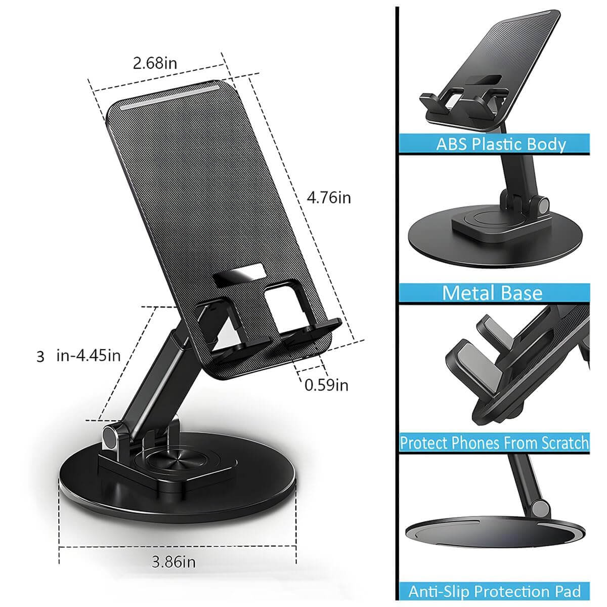 360 Adjustable Foldable Phone & Tablet Stand Black with ergonomic design and adjustable height for various devices.