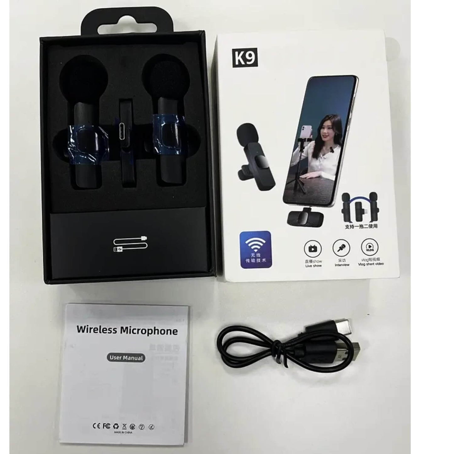 K9 Wireless Lavalier Microphone Dual Mic Receiver Box Contents
