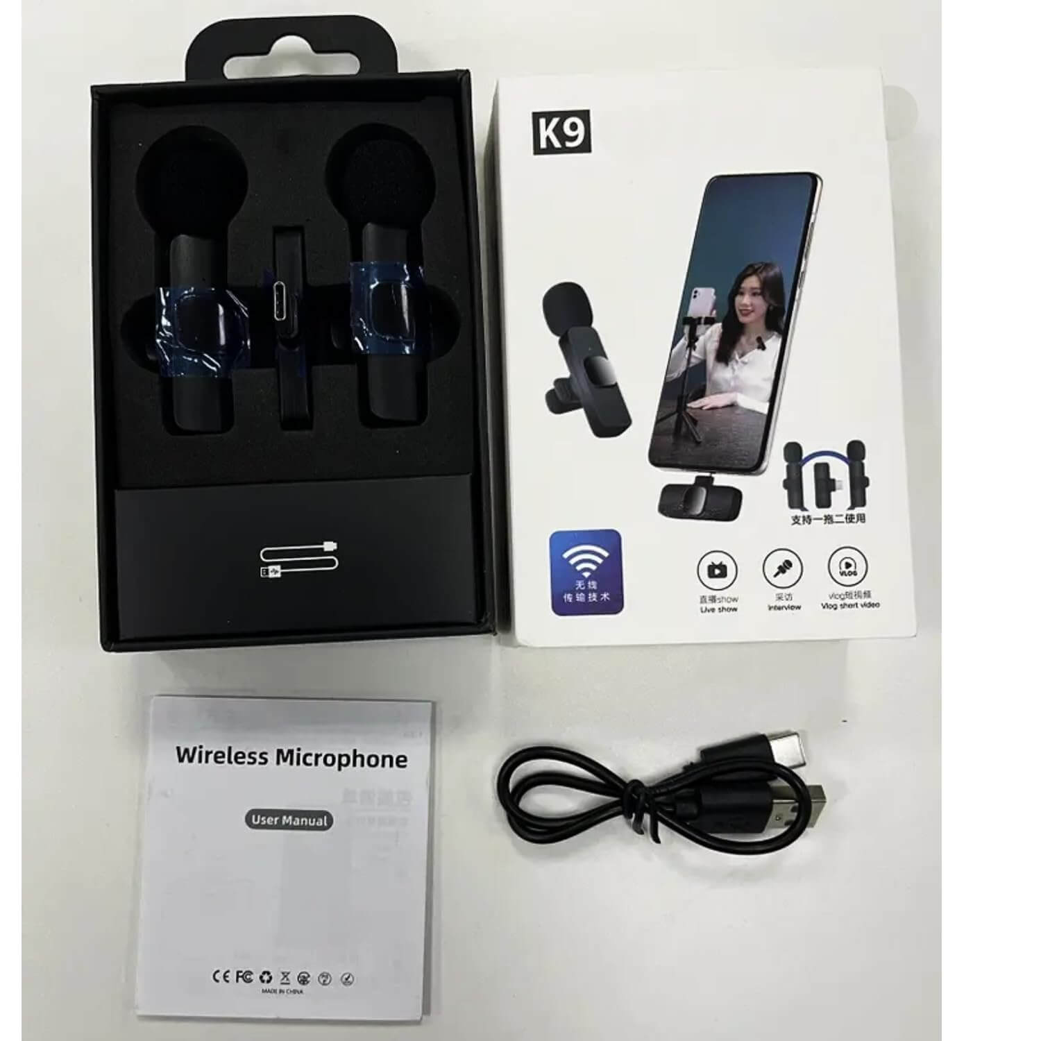 K9 Wireless Lavalier Microphone Dual Mic Receiver Box Contents