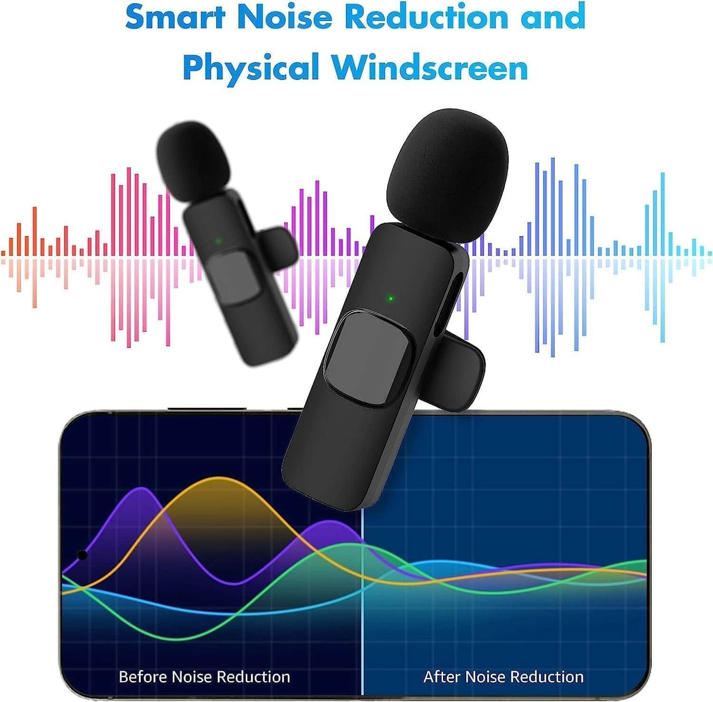 K9 Wireless Lavalier Microphone Dual Mic Receiver Smart Noise Cancellation