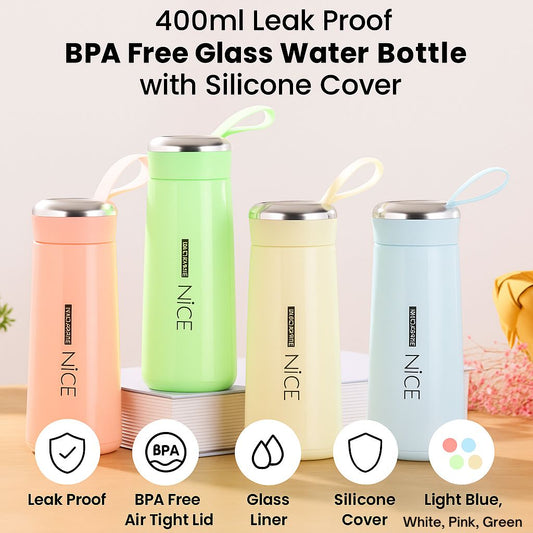 Nice 400ml Glass Water Bottle with Silicone Cover | Leak Proof, BPA Free, Stylish Aesthetic Bottle for Office, Gym & Travel
