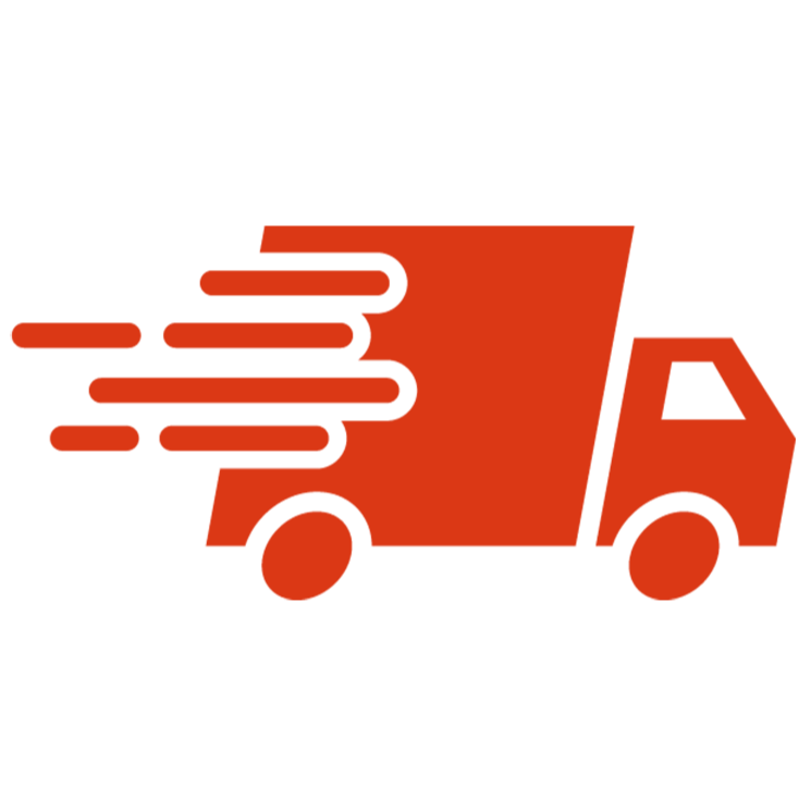 Red delivery truck icon with speed lines on a white background
