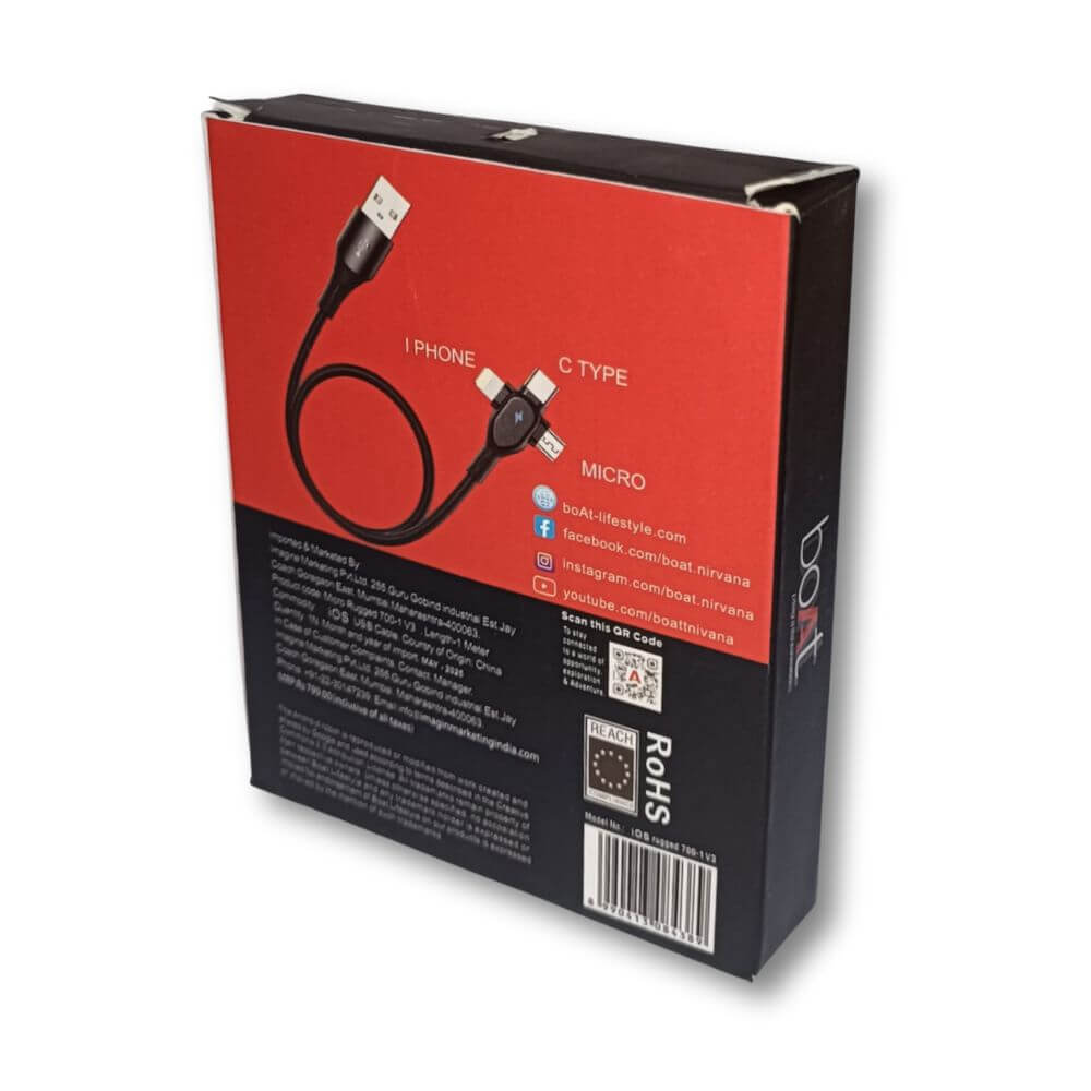 boAt 120W 3-in-1 Fast Charging Cable – Side Angle Product Box