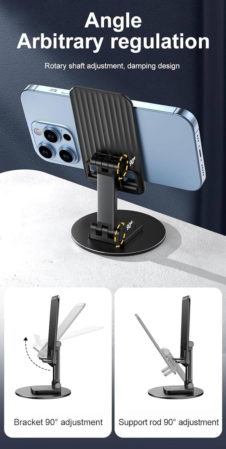 360 Adjustable Foldable Phone & Tablet Stand Black shown with adjustable angles for optimal viewing.