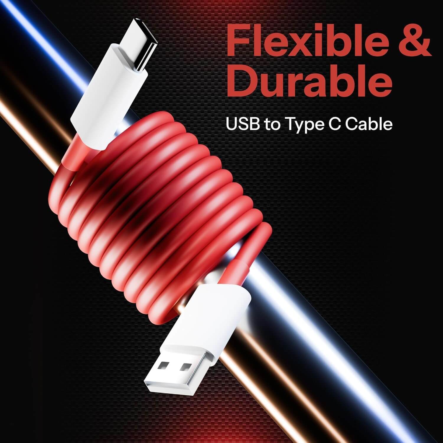 OnePlus 5A Type-C Fast Charging Cable, flexible and durable USB to Type C cable in red.