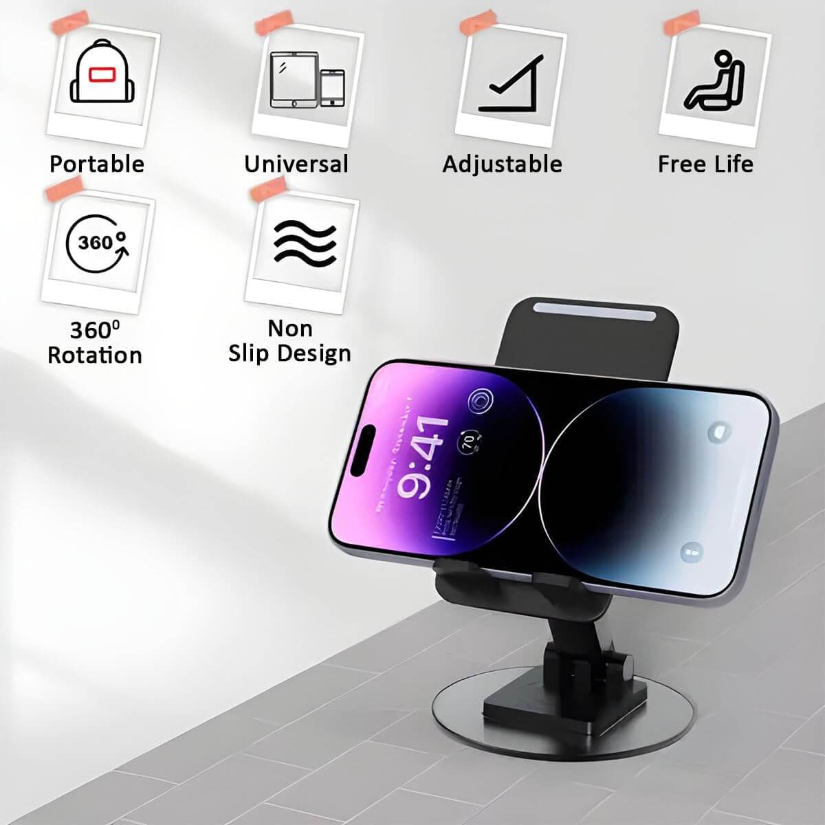360 Adjustable Foldable Phone & Tablet Stand Black displayed with smartphone, highlighting adjustable and portable features.