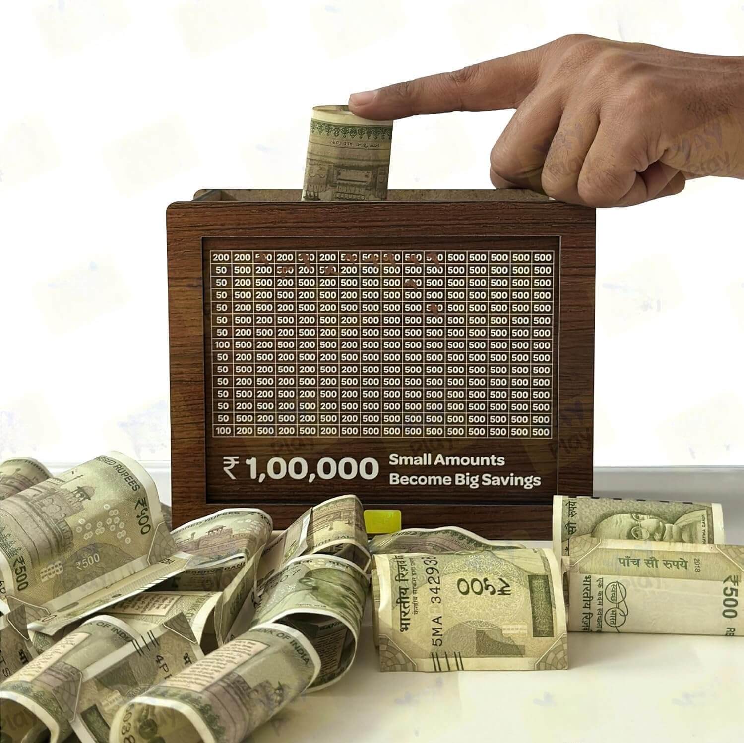 Wooden Money Saving Box 100000 Piggy Bank Front View with Cash Notes