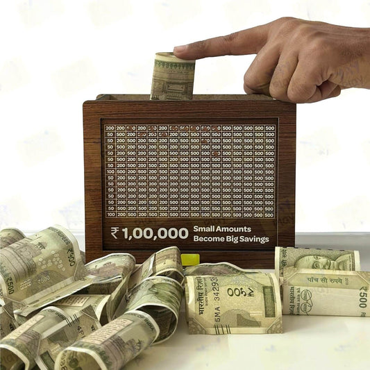 Wooden Money Saving Box 100000 Piggy Bank Front View with Cash Notes
